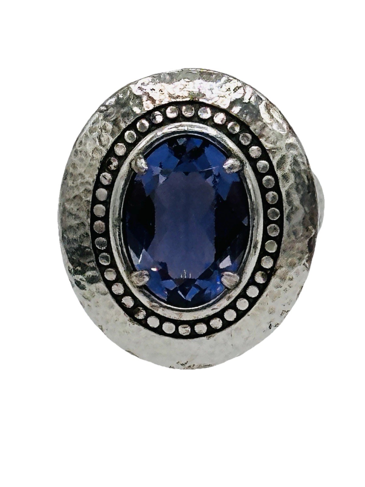 Brighton Silver Plated Blue Crystal Halo Statement Ring Hammered Band 5.75