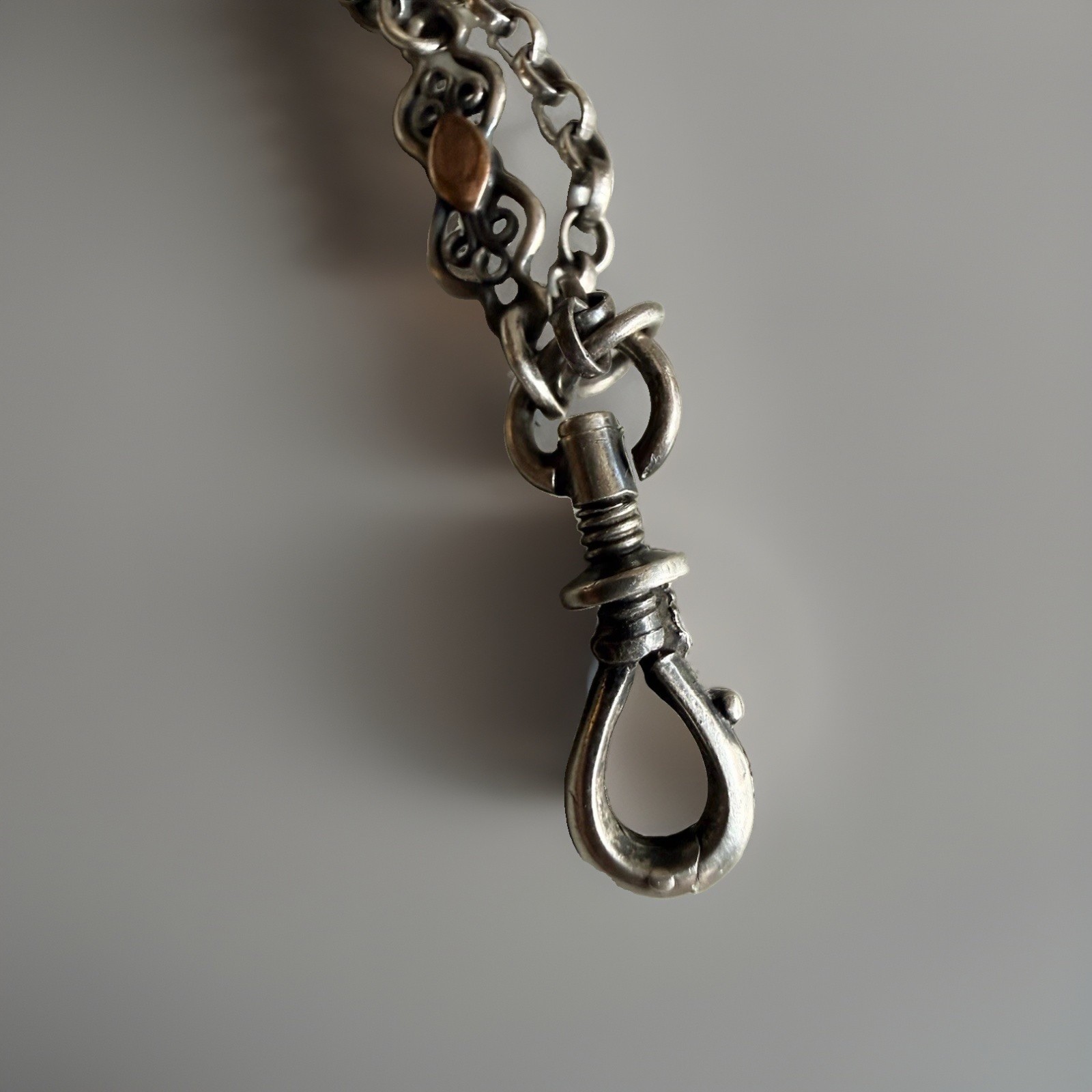 Antique Scandinavian Silver & Copper Long Guard/Sautoir Chain, 32” 13g