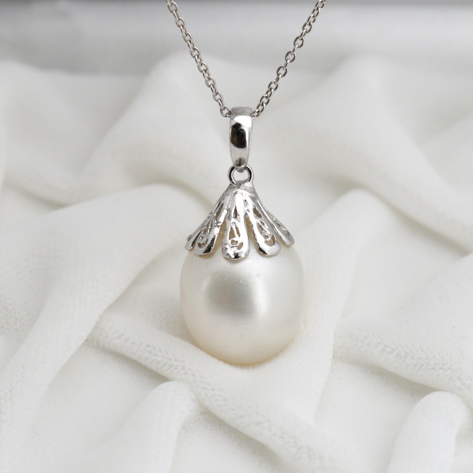 Big 14.2mm Drop White South Sea Pearl Pendant,High Luster, Sterling Silver, 1.1″