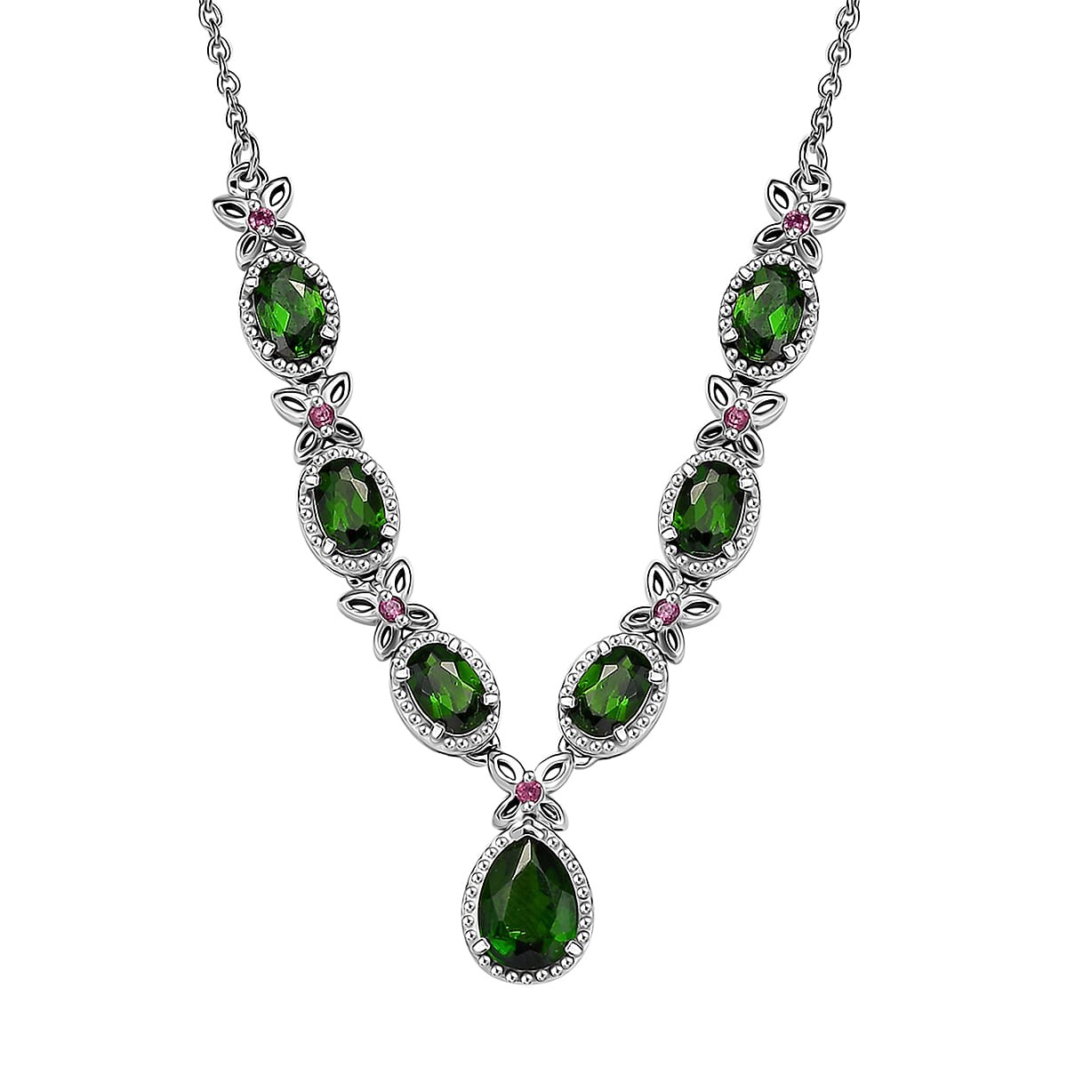 4.20ctw Russian Chrome Diopside & Rhodolite Necklace 18″+ Rhodium Plated