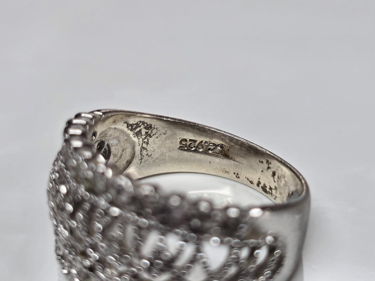 Sterling Silver Clear Stones Filigree Band Ring ~ Sz 9.75 ~ 6 g ~ 2-A406