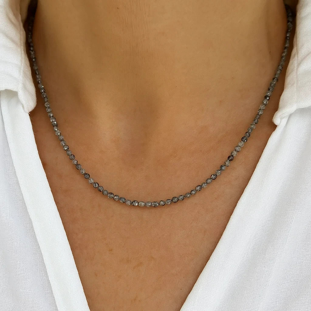 Minimalist Tourmaline Rutilated Quartz Choker Delicate 2mm Crystal Bead Necklace