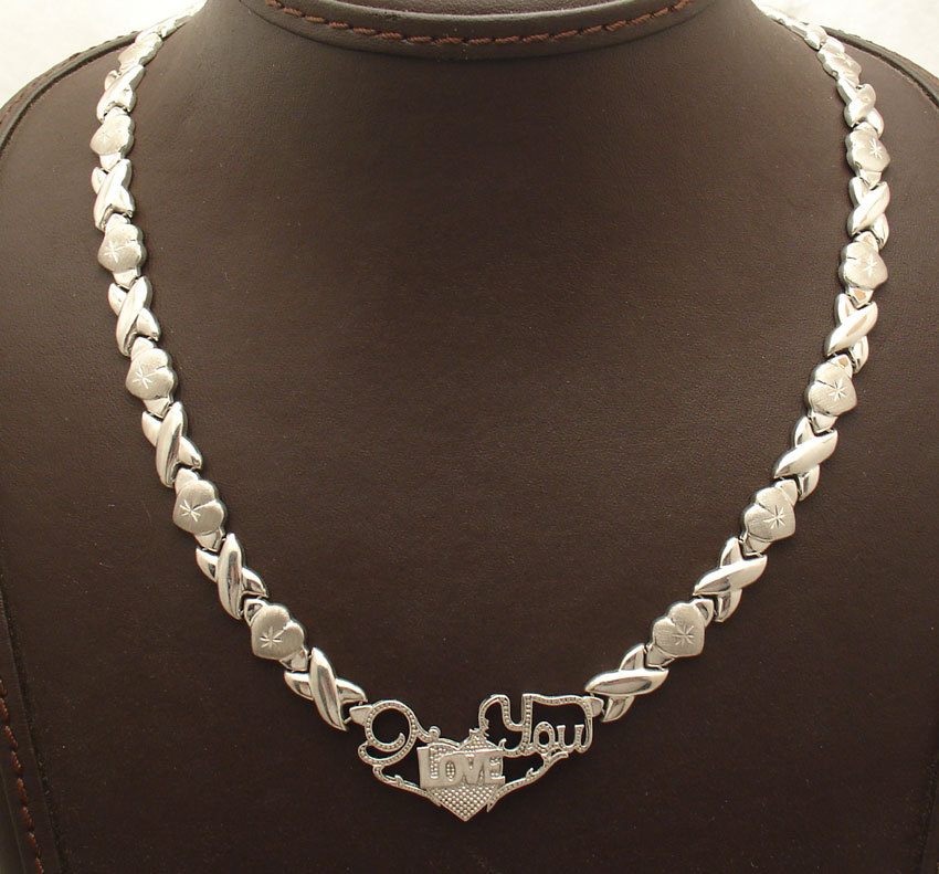 I LOVE YOU Hearts & Kisses Link Chain Necklace Anti-Tarnish Rhodium 925 Silver