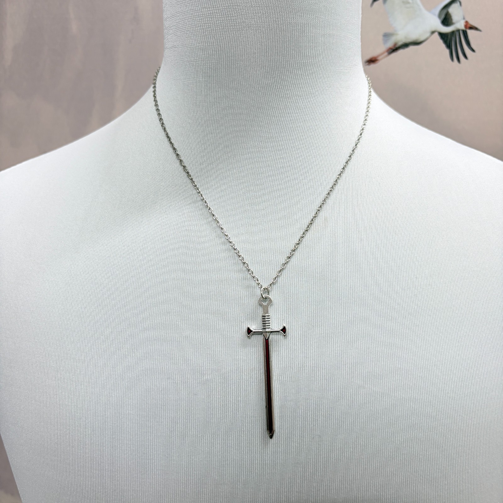 Silver Red Inlay Sword Pendant Rope Chain Necklace