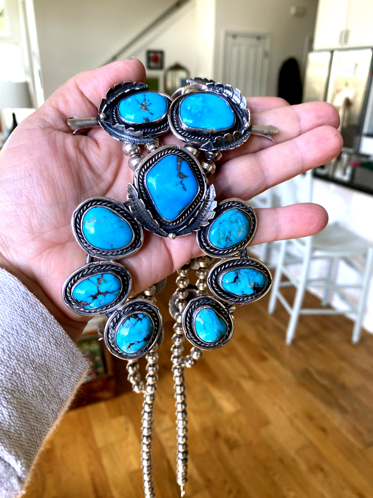 Turquoise Squash Blossom Necklace Vintage Sterling 275g