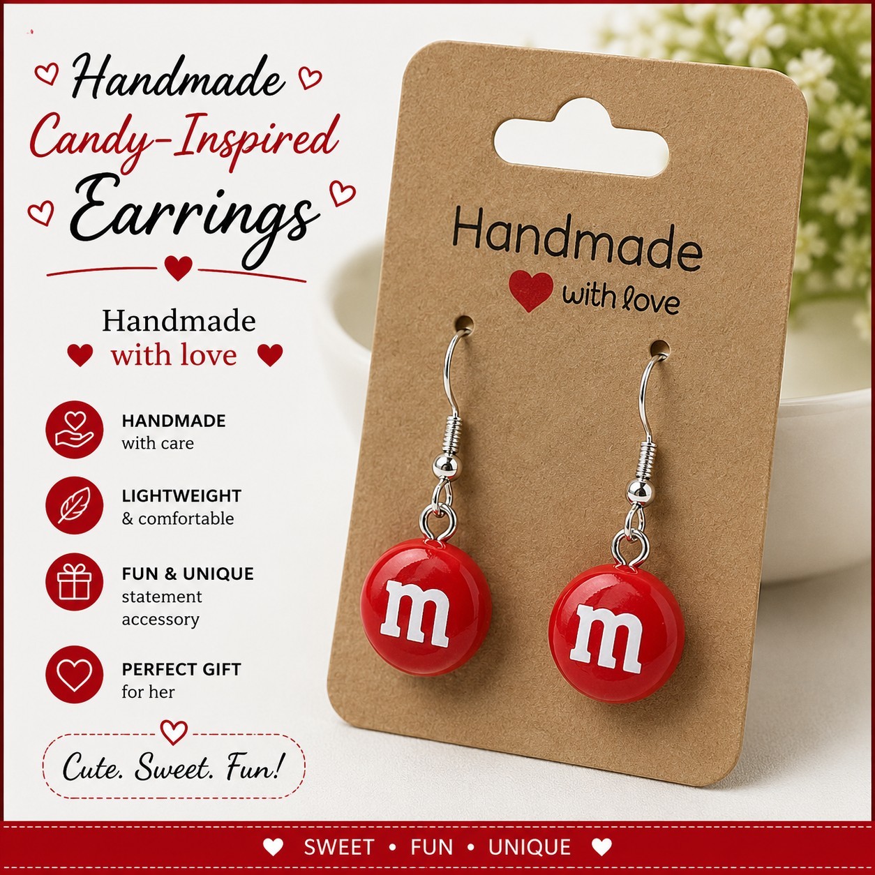 Handmade Red Candy-Inspired Dangle Earrings | Cute Sweet Treat Novelty Jewelry