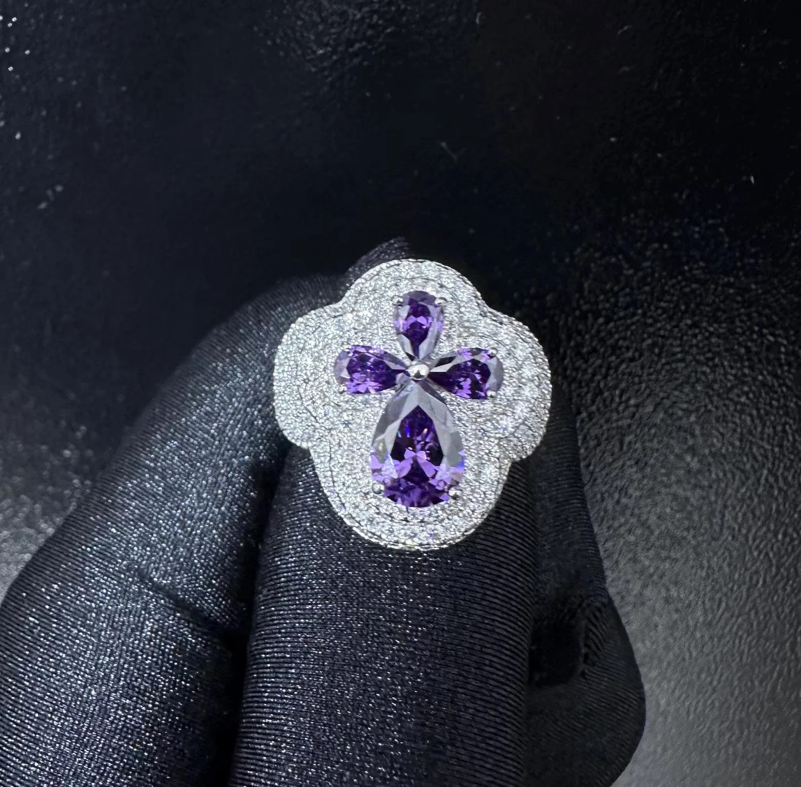 7TCW Lab Created Amethyst & Diamond 925 Sterling Silver Men’s Custom Cross Ring
