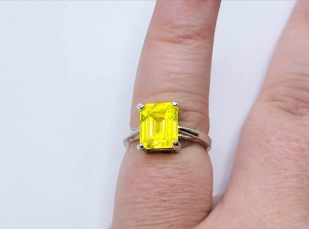 Sterling YAG Ring UV Yellow Yttrium Aluminum Garnet Emerald Cut Solitaire 925
