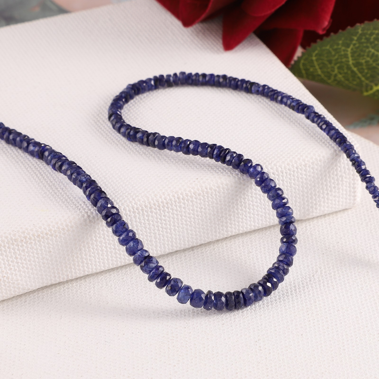 Natural Blue Sapphire Stone Beaded Necklace Faceted Roundel 925 Silver Necklace