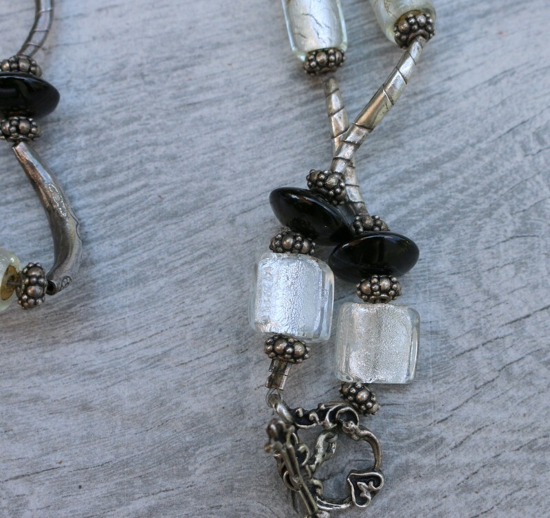 Vintage Sterling Silver 925 Mother Of Pearl Enhancer Murano Glass Necklace 93g