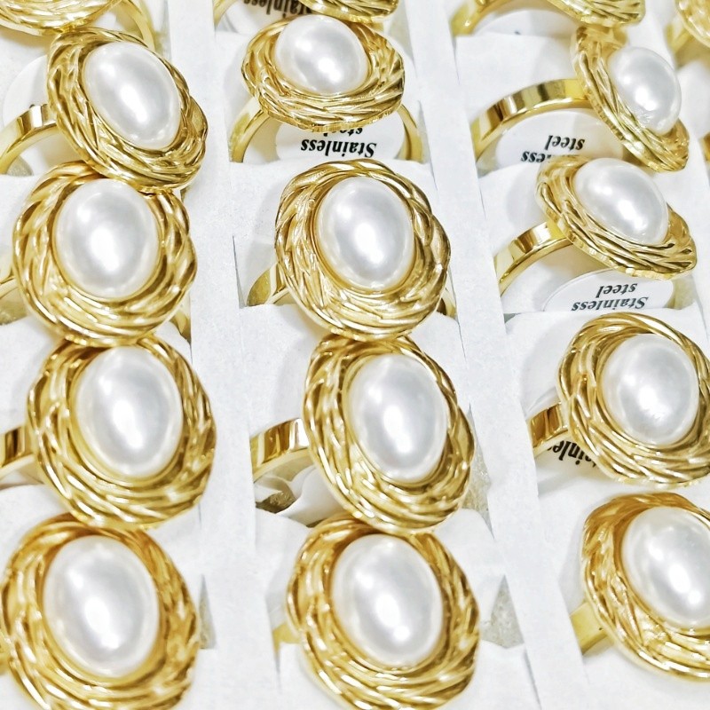 36Pcs4mm Stainless Steel Oval ABS Pearl Rings Gold Tone Minimalist Women Jewelry