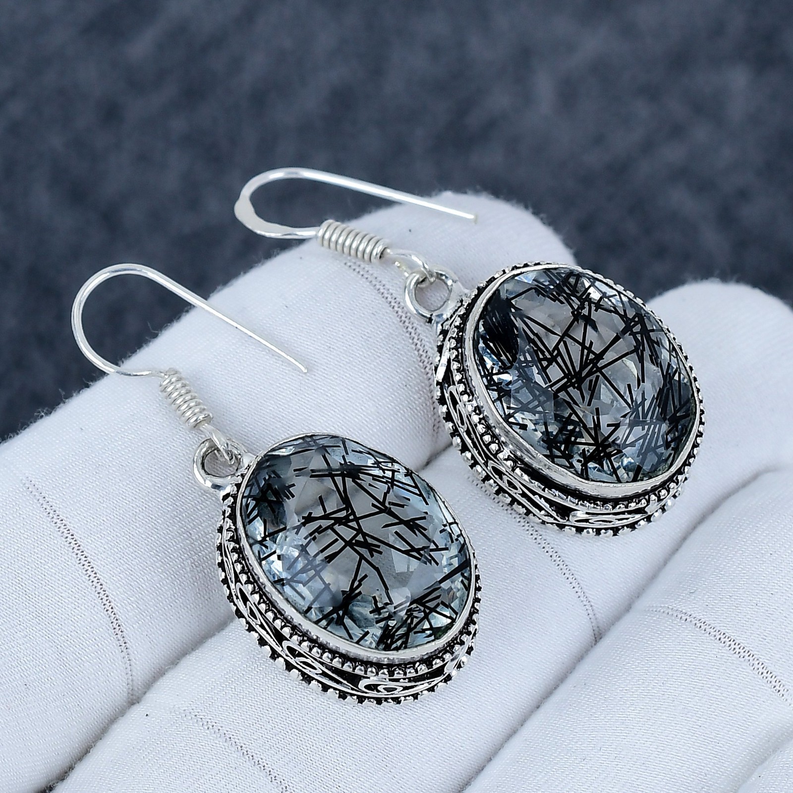 Black Rutile Quartz Earrings 925 Sterling Silver Dangle Earrings Wedding Gift