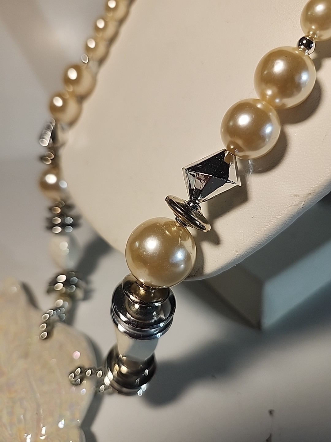 Iridescent SHell Pearl Necklace Silver Long 24 inch Statement Piece