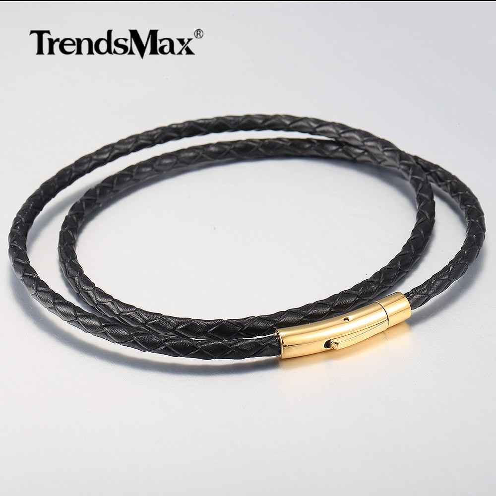 4MM Black Braided Leather Rope Necklace Bracelet Set with Gold Plated Push Lock