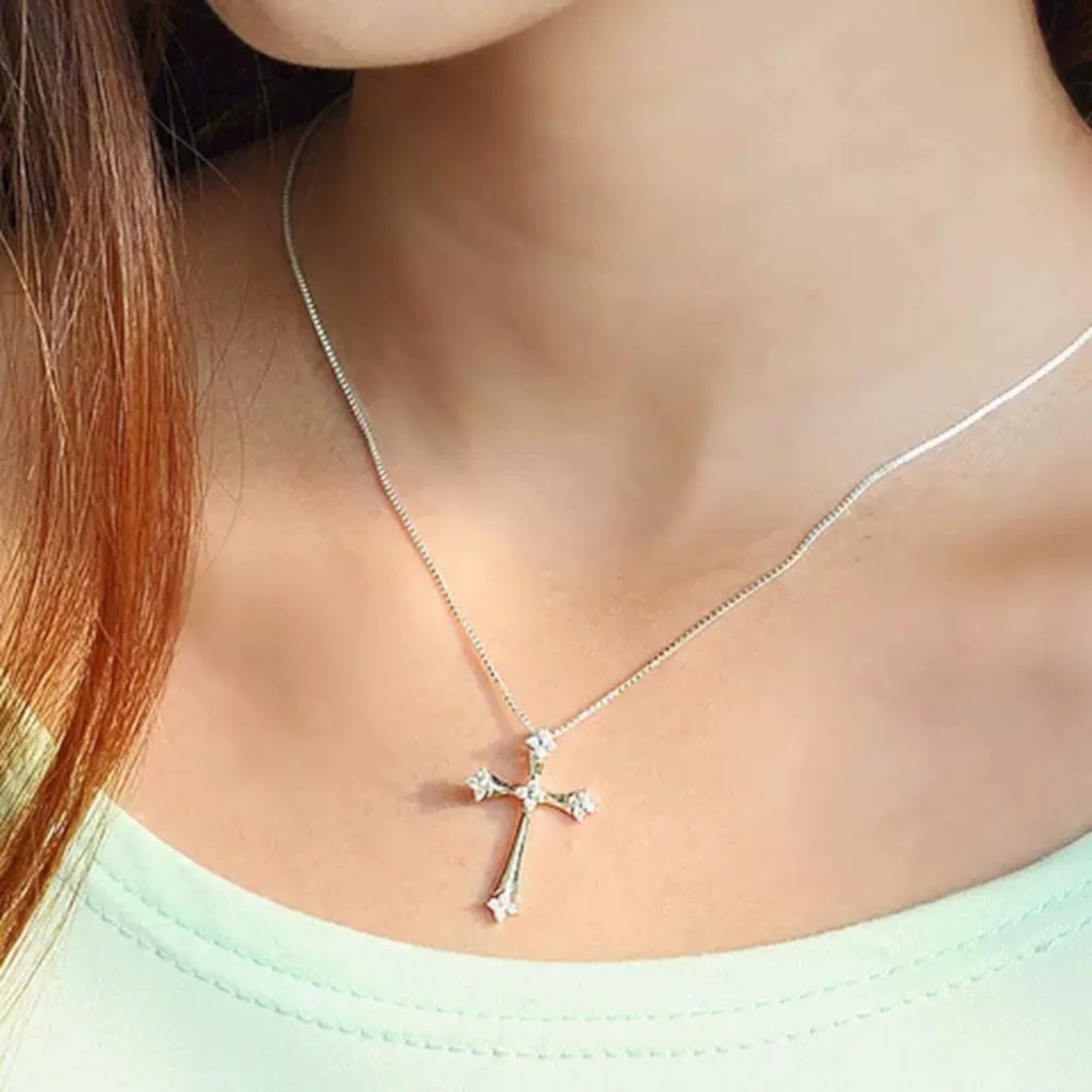 Women 925 Sterling Silver Cross Crucifix Crystal Pendant Necklace 18″ Chain B58