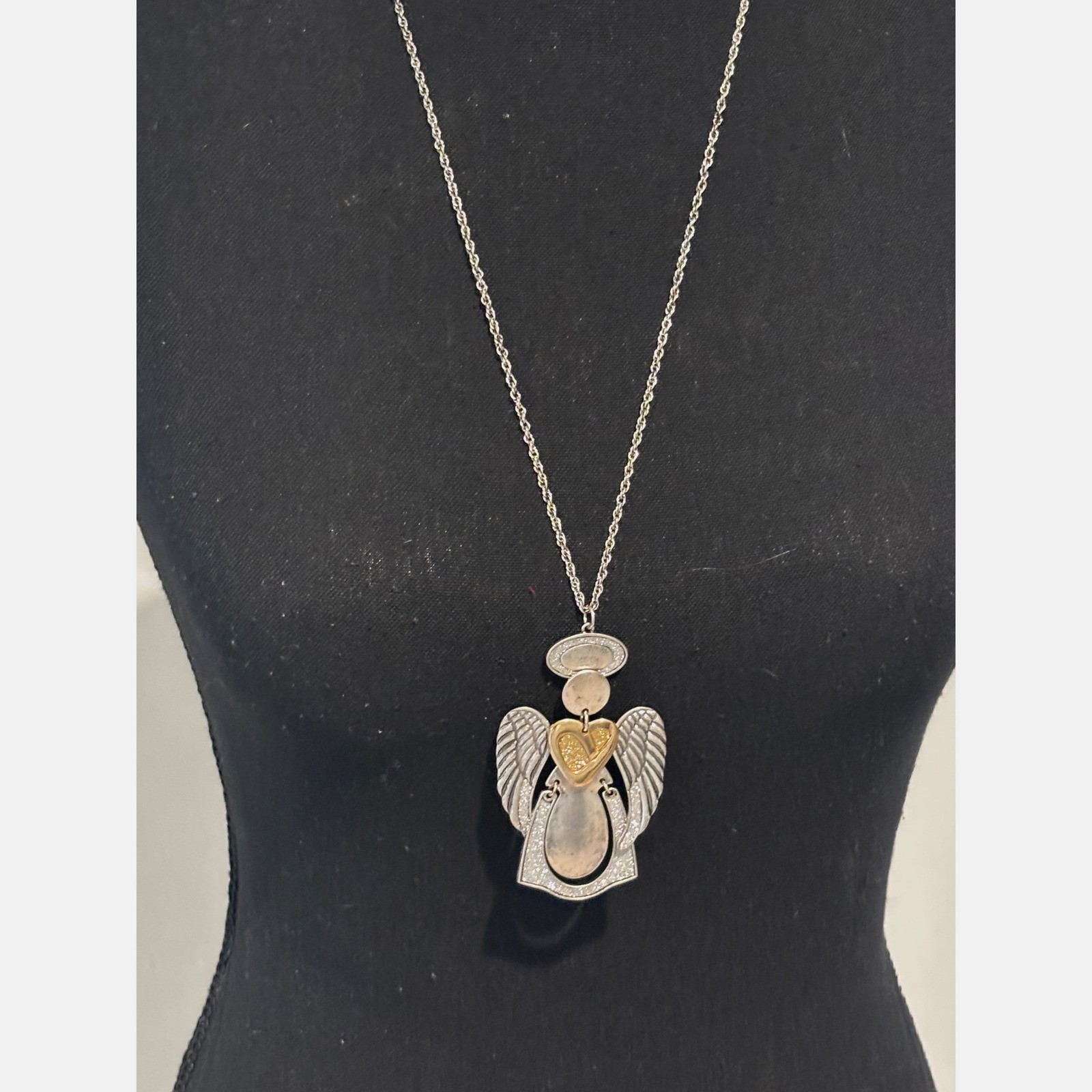 Mixed Metal Articulated Angel Heart Pendant Necklace Silver Gold Tone Holy Boho