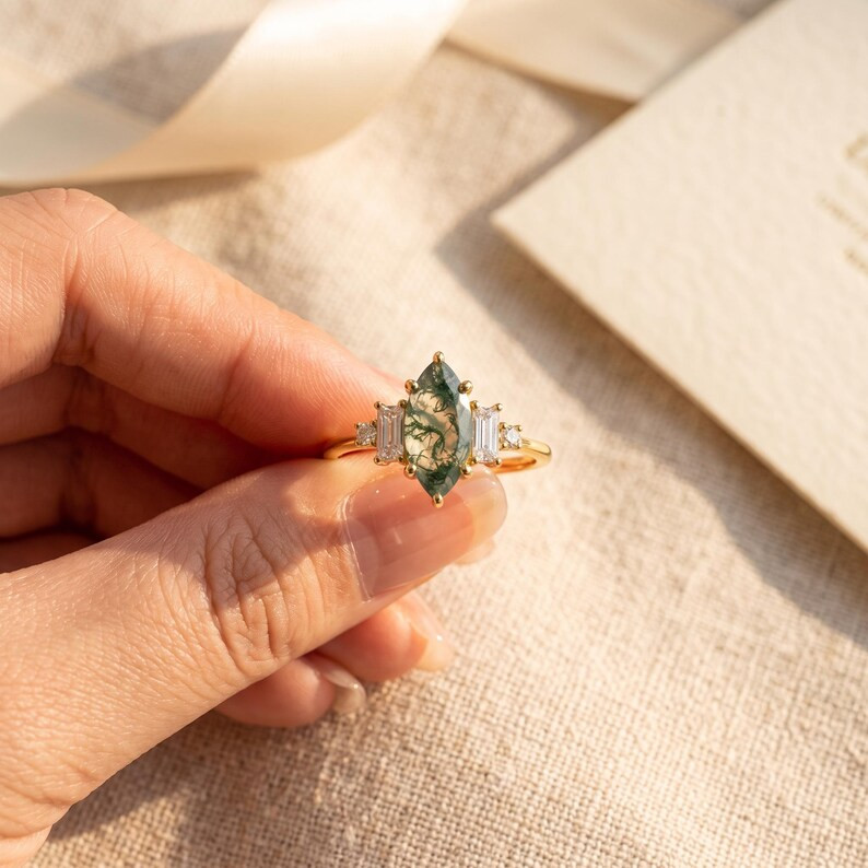Green Moss Agate Ring, Base Metal: Brass Finish: Gold Plated