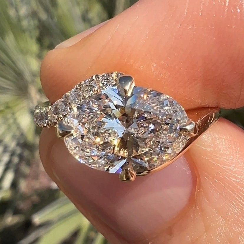 2.50Ct Oval Moissanite East West Set Engagement Ring in 14K Yellow Gold Plated