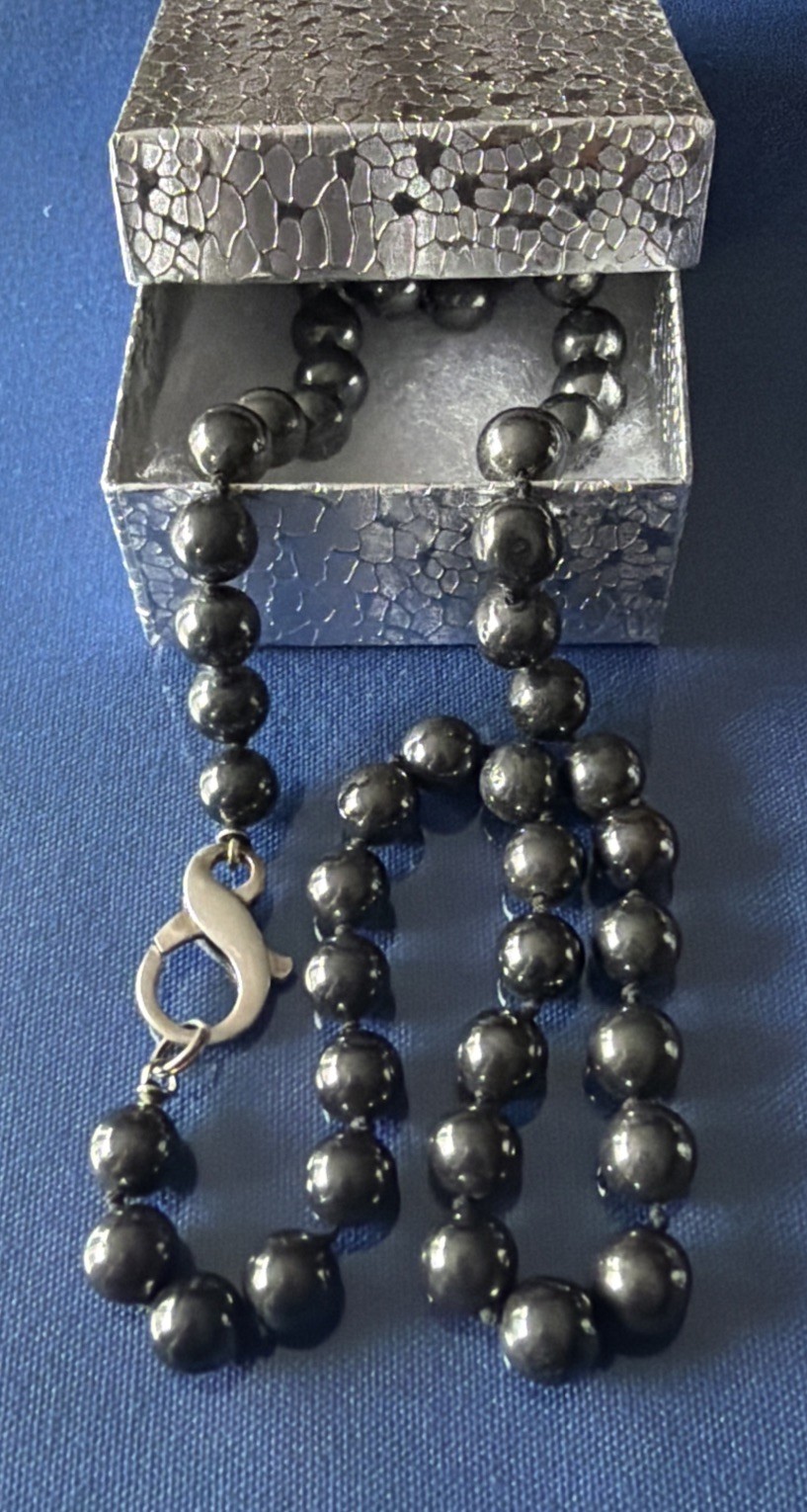 Vintage Hematite Beaded Necklace With A Large 925 Lobster Clasp Hand Knotted H12