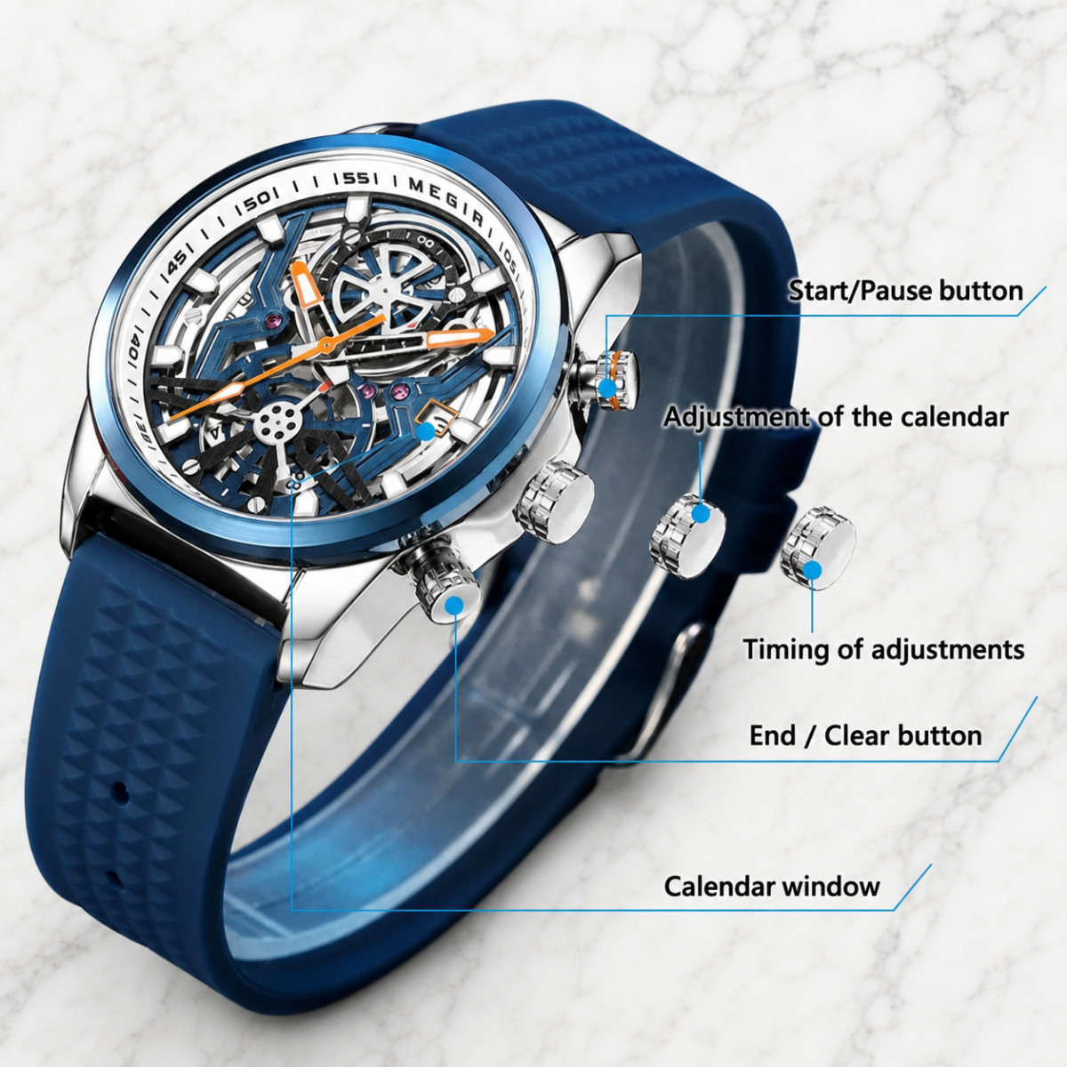 Mens 44mm Skeleton Silicone Band Quartz Blue Dial Strap Orange Hands Watch Megir