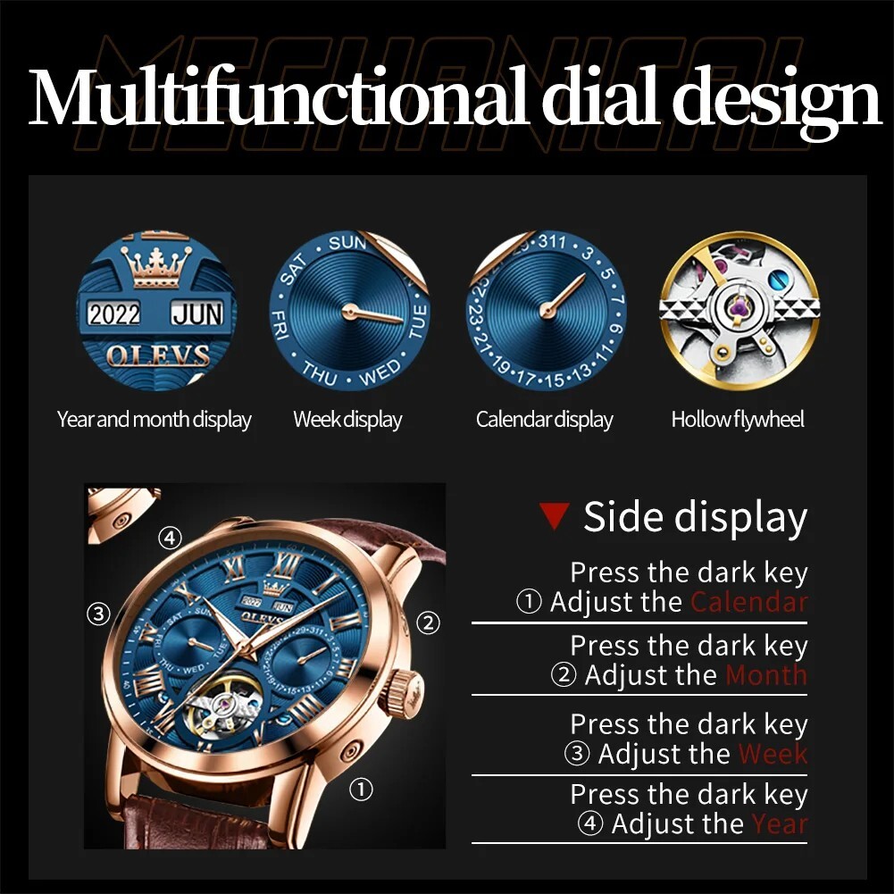 Automatic Mechanical Waterproof Watch Men’s Luxury Skeleton OLEVS Date Men Stra