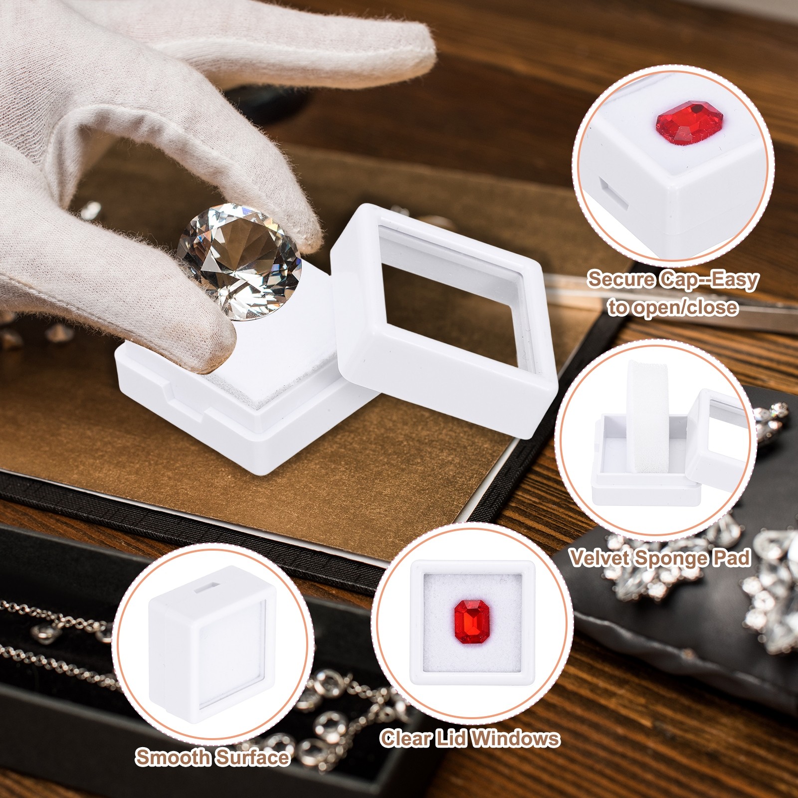 3.9×2.6×0.7 Inch Gemstone Display Box 6 Pcs Square Containers, White