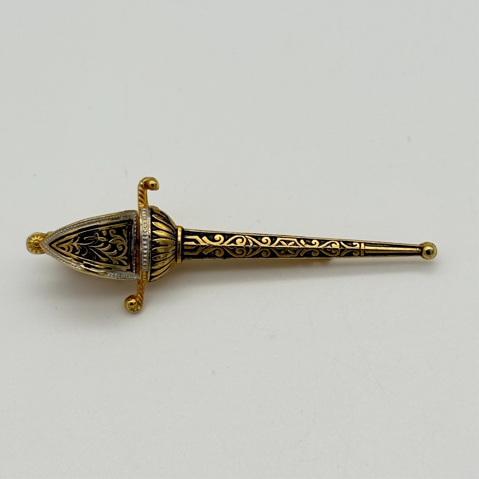 Vintage Sword Tie Bar Clip Damascene Gold Silver Black 2.5″ Rapier Spanish