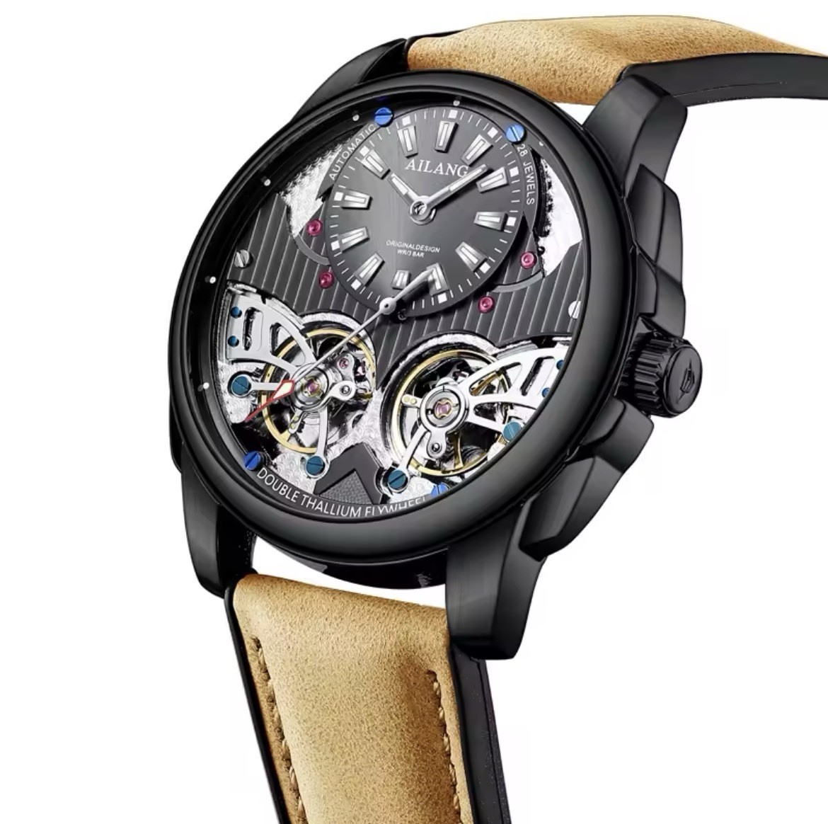 AILANG Men’s Automatic Watch Double Tourbillon Leather Strap Waterproof