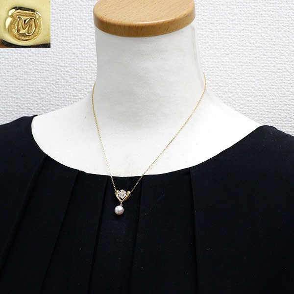 Mikimoto K18YG Akoya Pearl Diamond Pendant Necklace Diameter Approx 7.6mm D0.35C