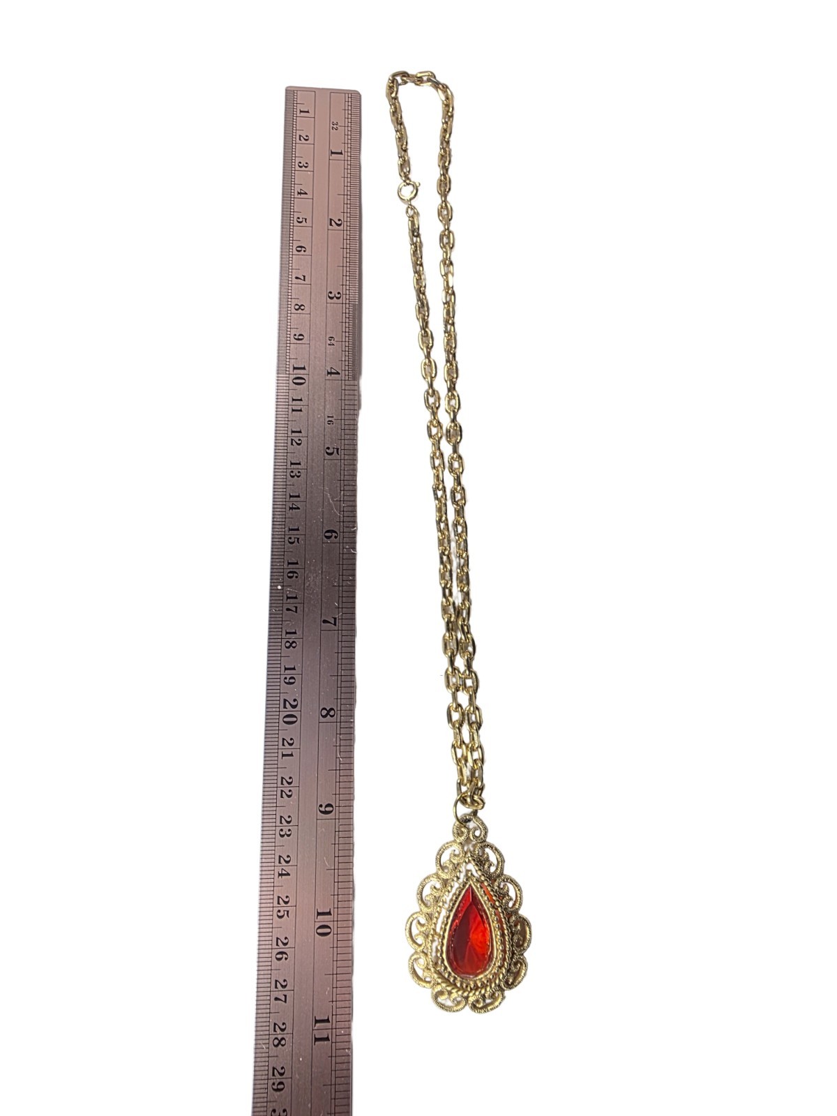 Vintage Avon 1973 Granada Orange Red Filigree Gold Pendant Necklace