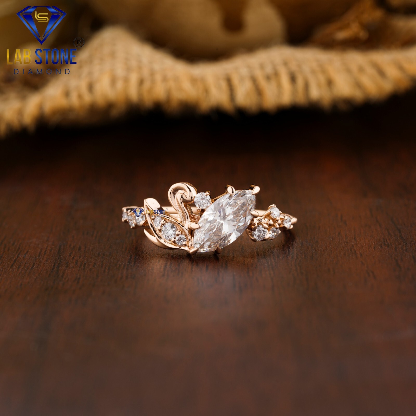 0.99 TDW Marquise & Round Lab Grown Diamond Engagement Ring 18k Rose Gold Ring