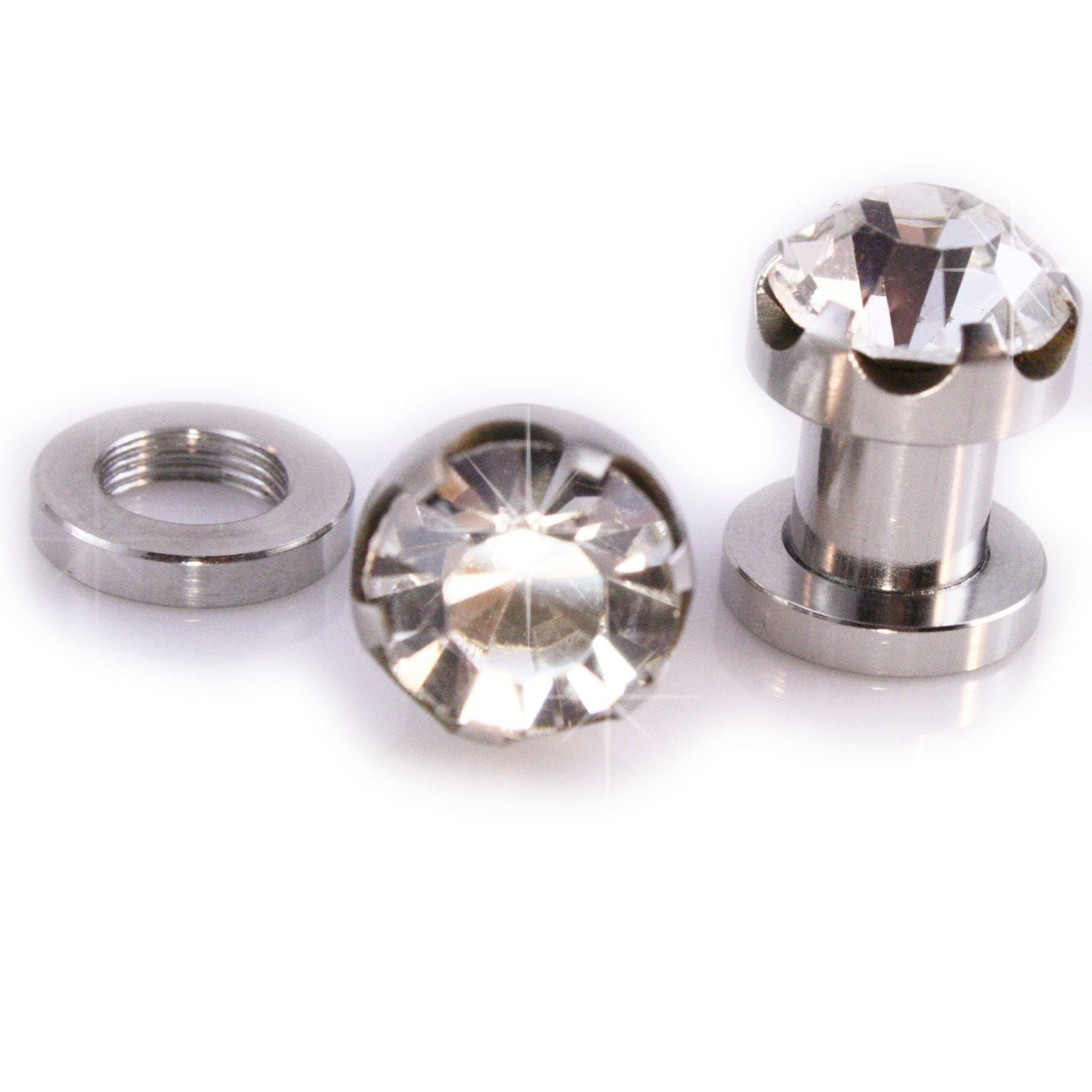 Prong Set CZ Screw Gem Plug Stainless Steel Gauges PAIR 4G 2G 0G 00G 11 12 14mm