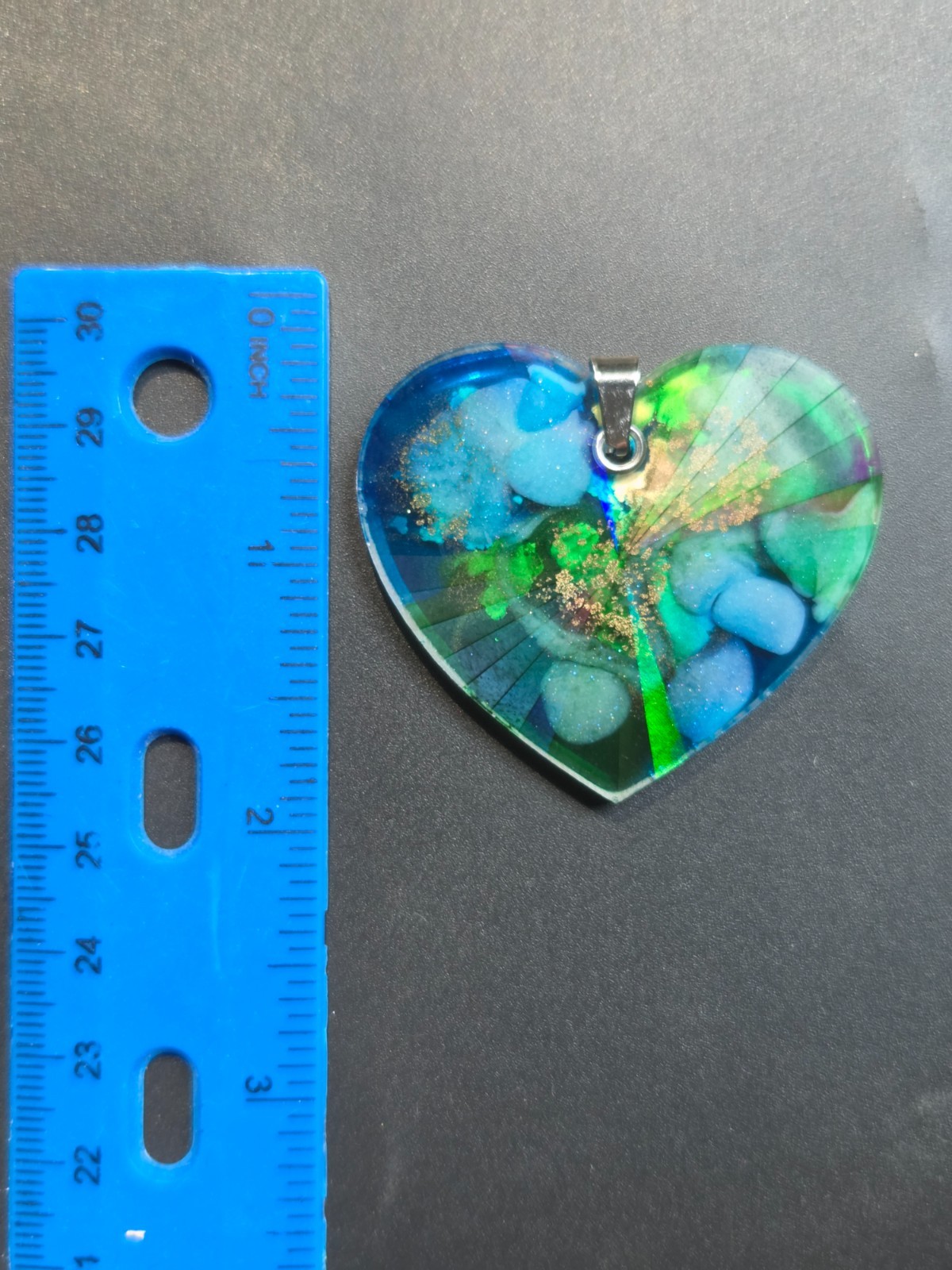 Holographic Nebula Heart Pendant Necklace Blue Green Gold OOAK N107