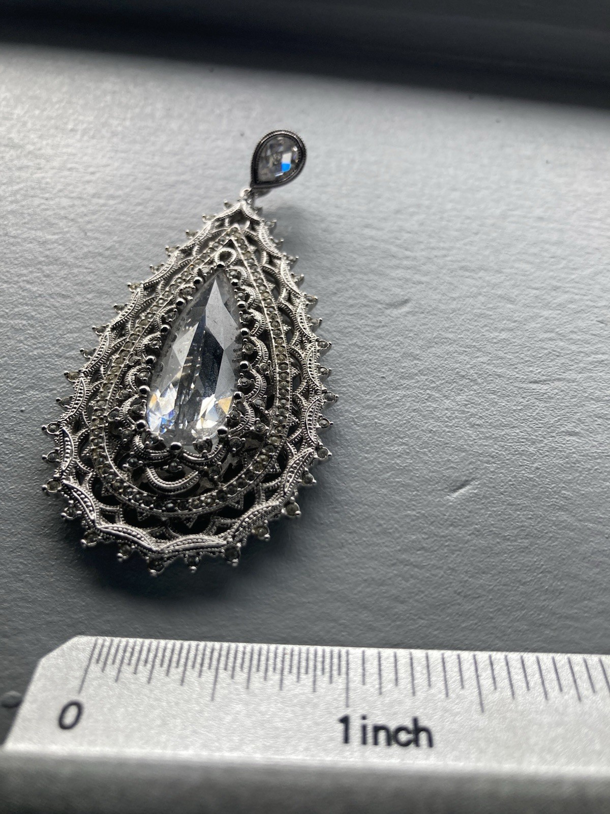 Big, Ornate Wedding Cocktail Party Teardrop Silver Pendant. Gem. Clip Bale.