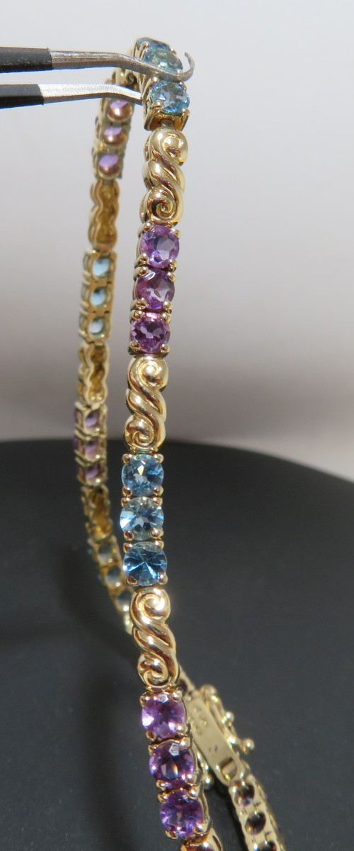 14K YG MULTI-GEMSTONE TENNIS BRACELET 7.25 ” LONG 3.17 MM WIDE 8.19gram (A19268)