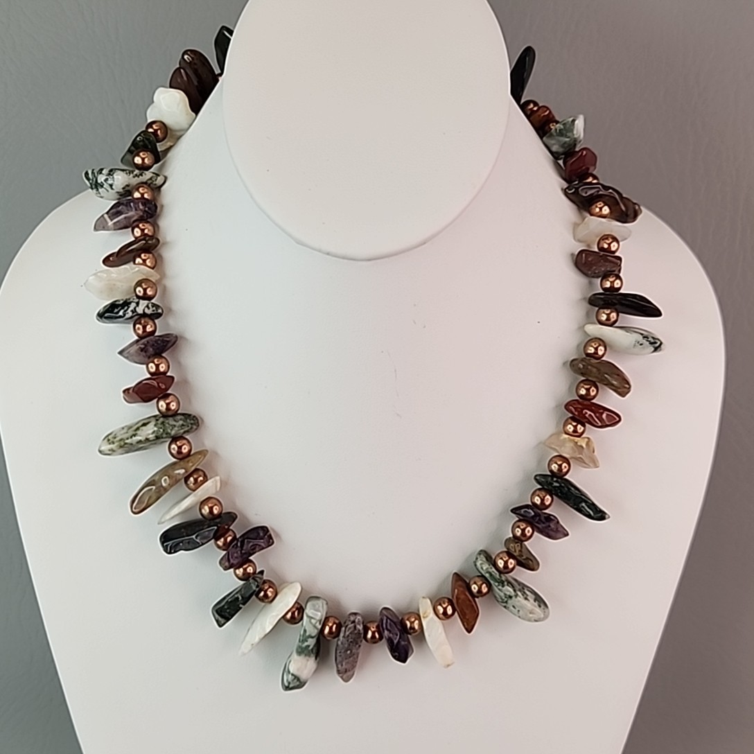 Vintage Hobe Stone Necklace Chunky Green Earth Tones 19″