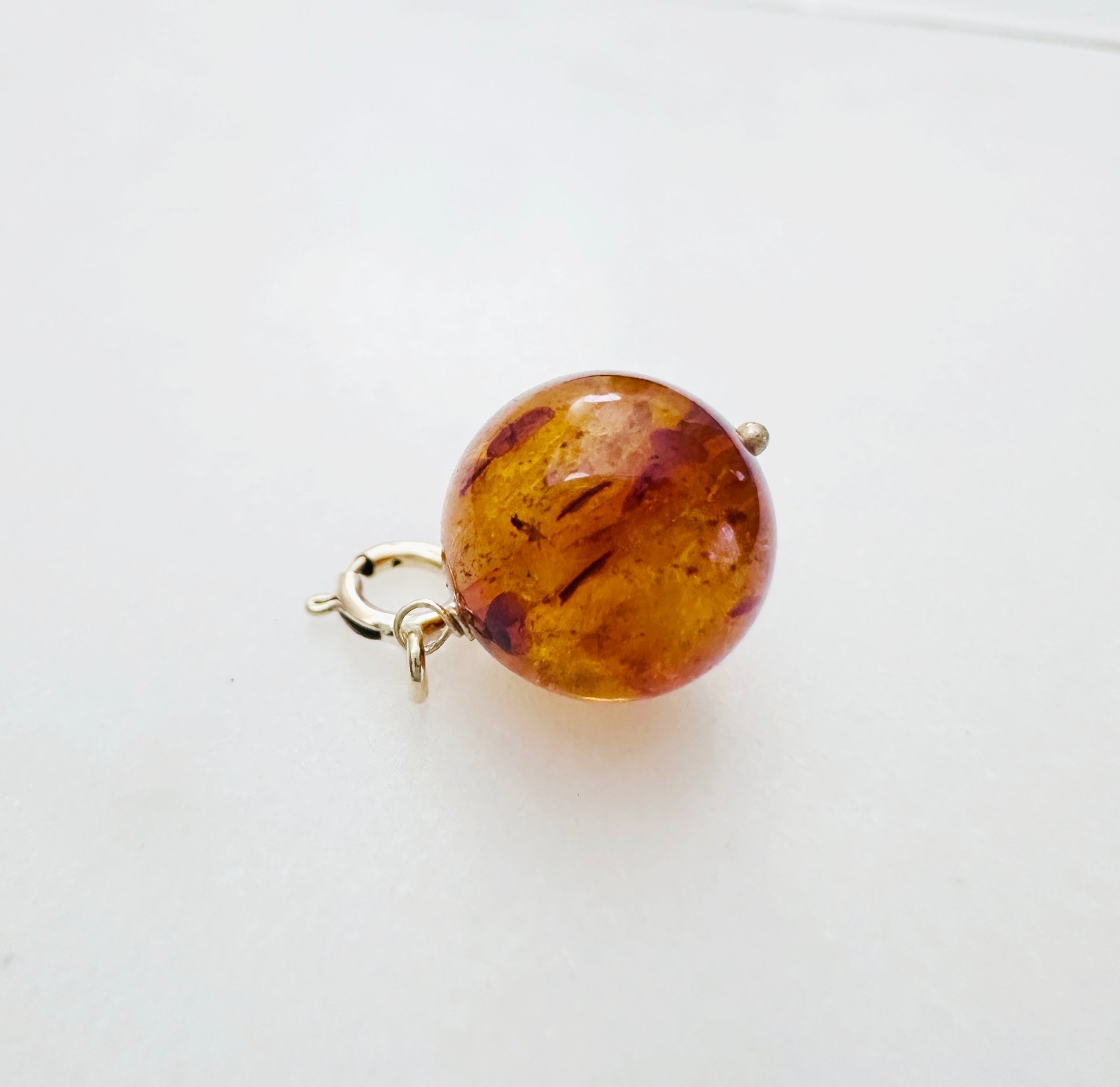 14K Solid Yellow Gold 9mm Round Cognac Baltic Amber Charm Pendant w/Spring Clasp