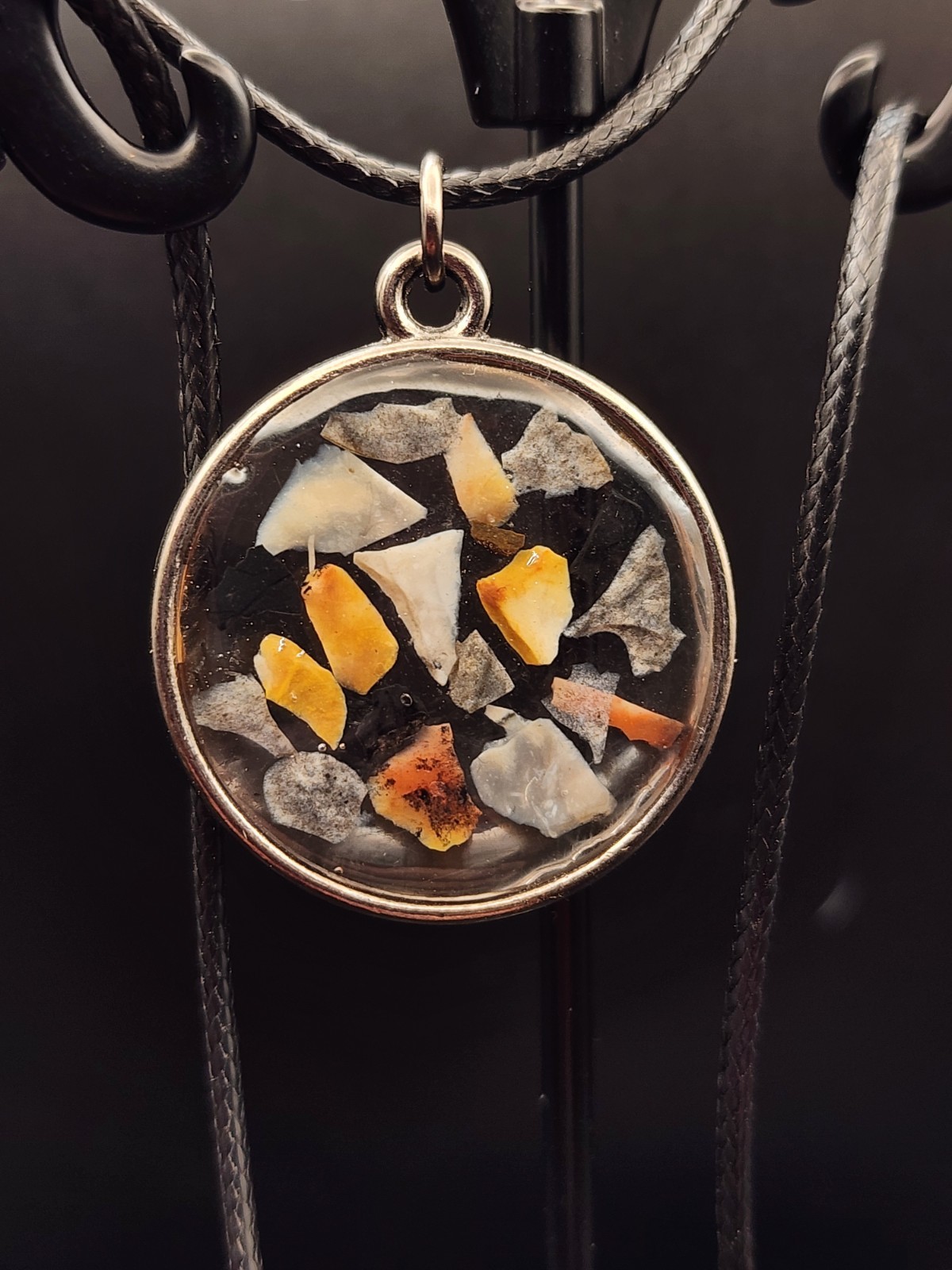 Handcrafted Rock Chips In Resin Pendant On A 22 In. Silk Rope Necklace