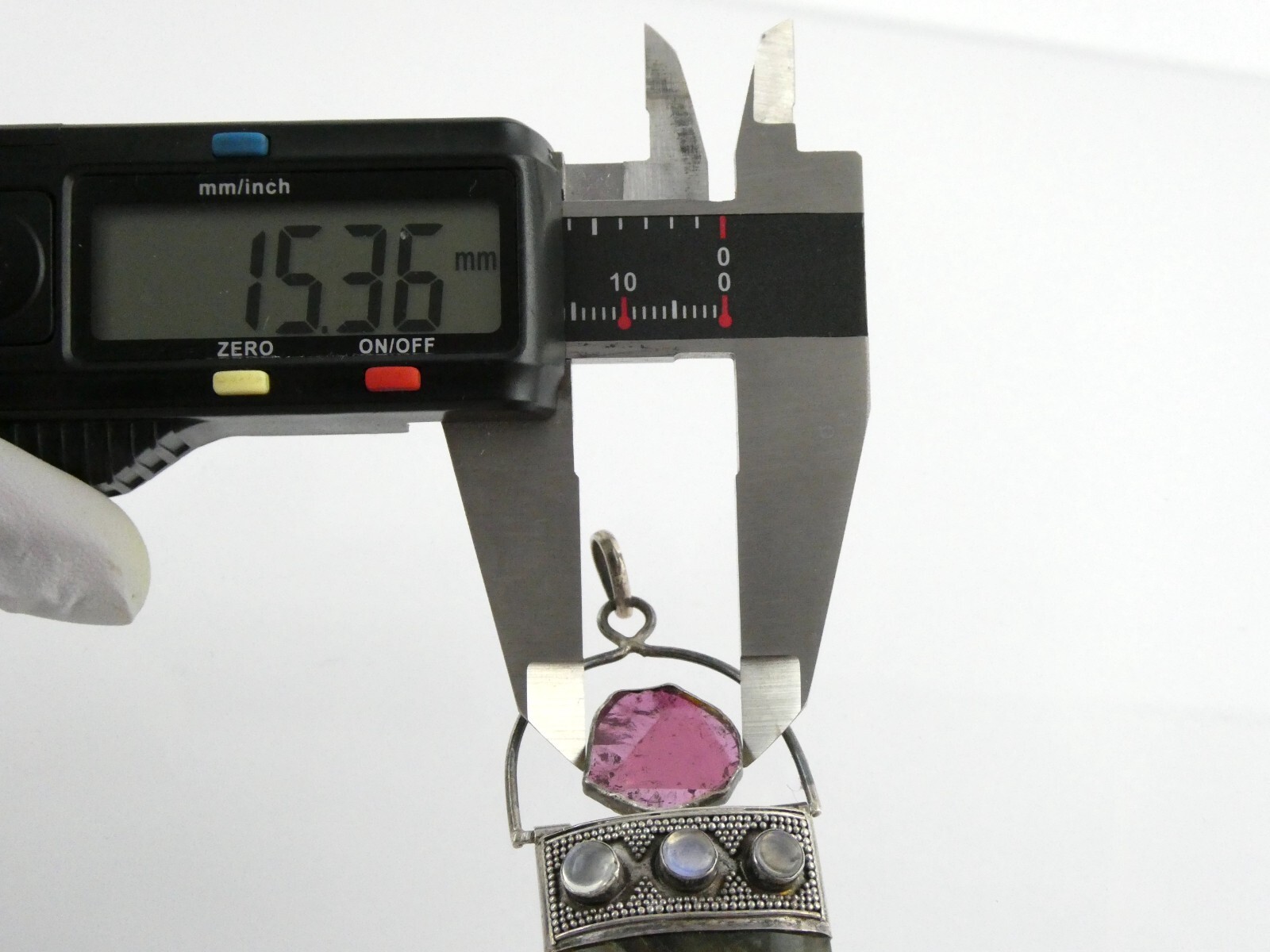 Sterling Silver Pink Tourmaline Slice Labradorite Moonstone Pendant 925 24.2g