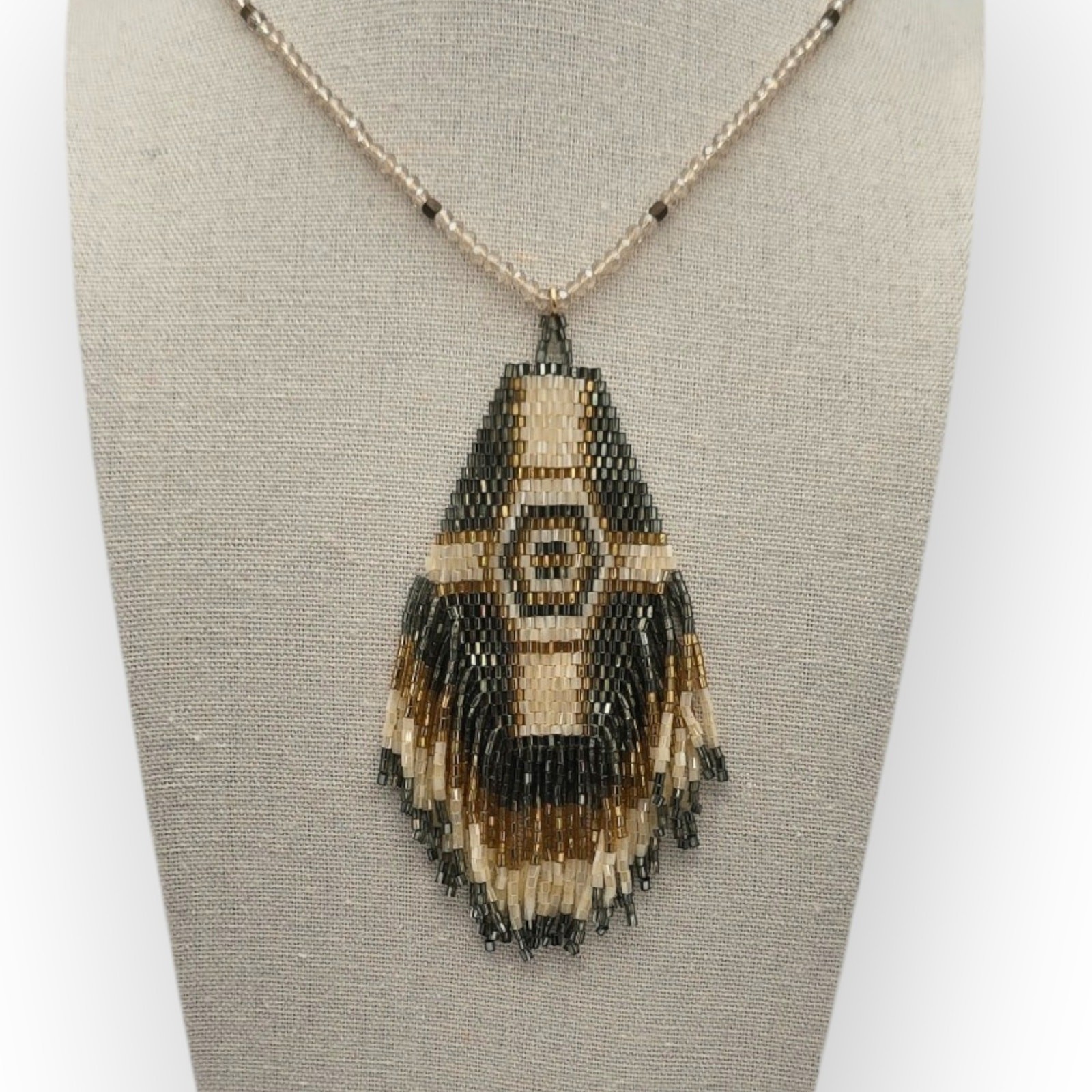 Brown Champagne Ivory Faceted Beaded Pendant Necklace Long – Elegant Boho Chic
