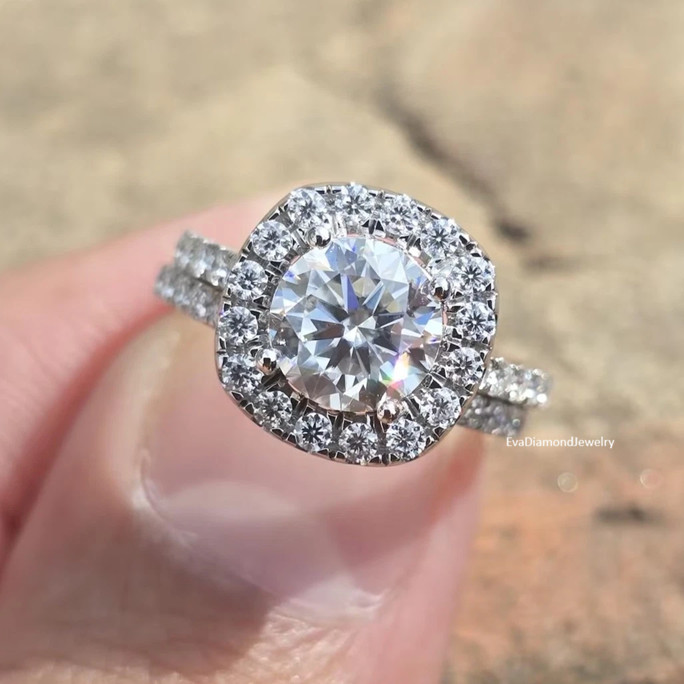 2CTW Round Cut Moissanite Engagement Halo Bridal Set Ring 14k White Gold Plated