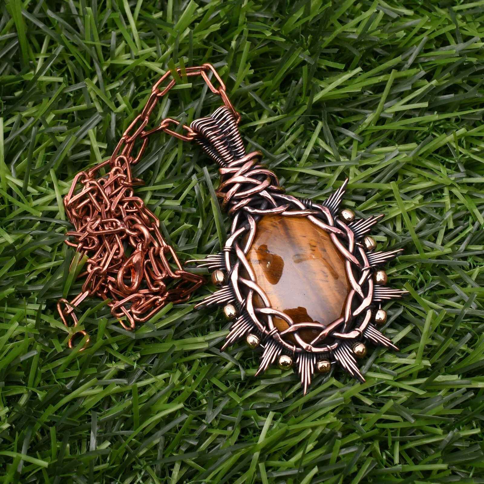 Tiger’s Eye Gemstone Copper Wire Wrap Handmade Jewelry Pendant 2.28″