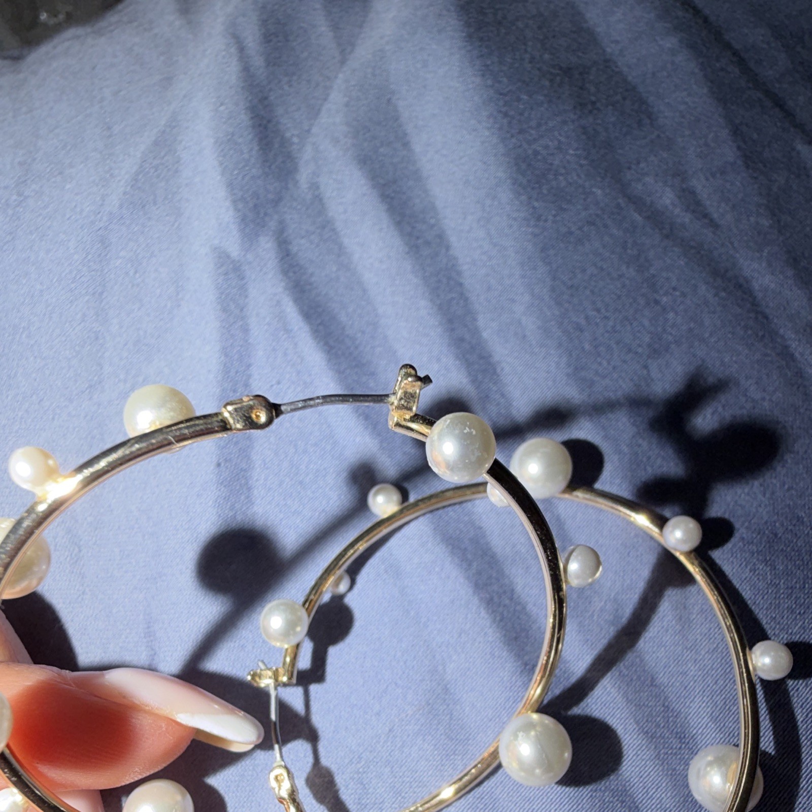 Gold Plated Hoop Earrings w/ White Imitation Pearls, Snap Closure
