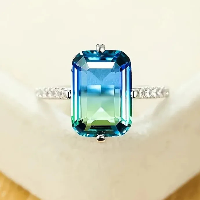 Luxurious Women’s Engagement Ring with Gradient Blue-Green Cubic Zirconia