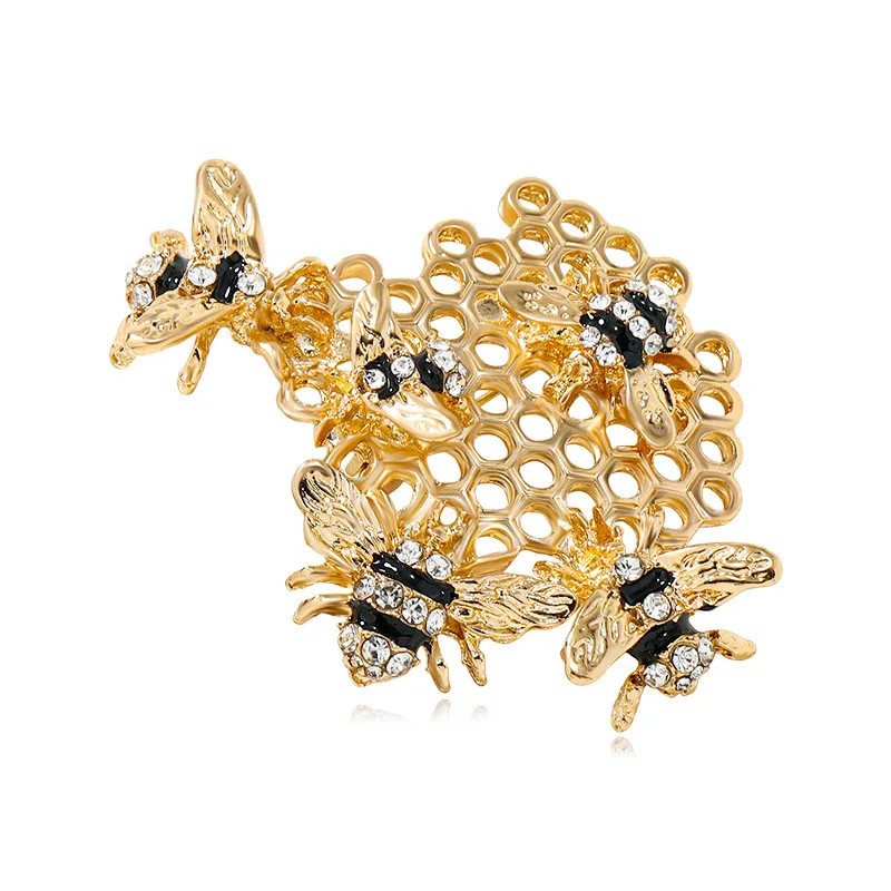 Vintage Gold Rhinestone Bees Brooch Pin – Unisex Insect Jewelry Honeycomb Gift