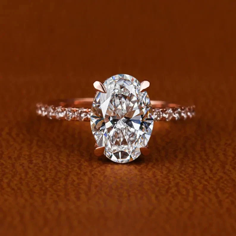 Women Oval Cut Diamond Ring Lab Grown 3.5 Ct 14k Rose Gold IGI Certified VVS E F
