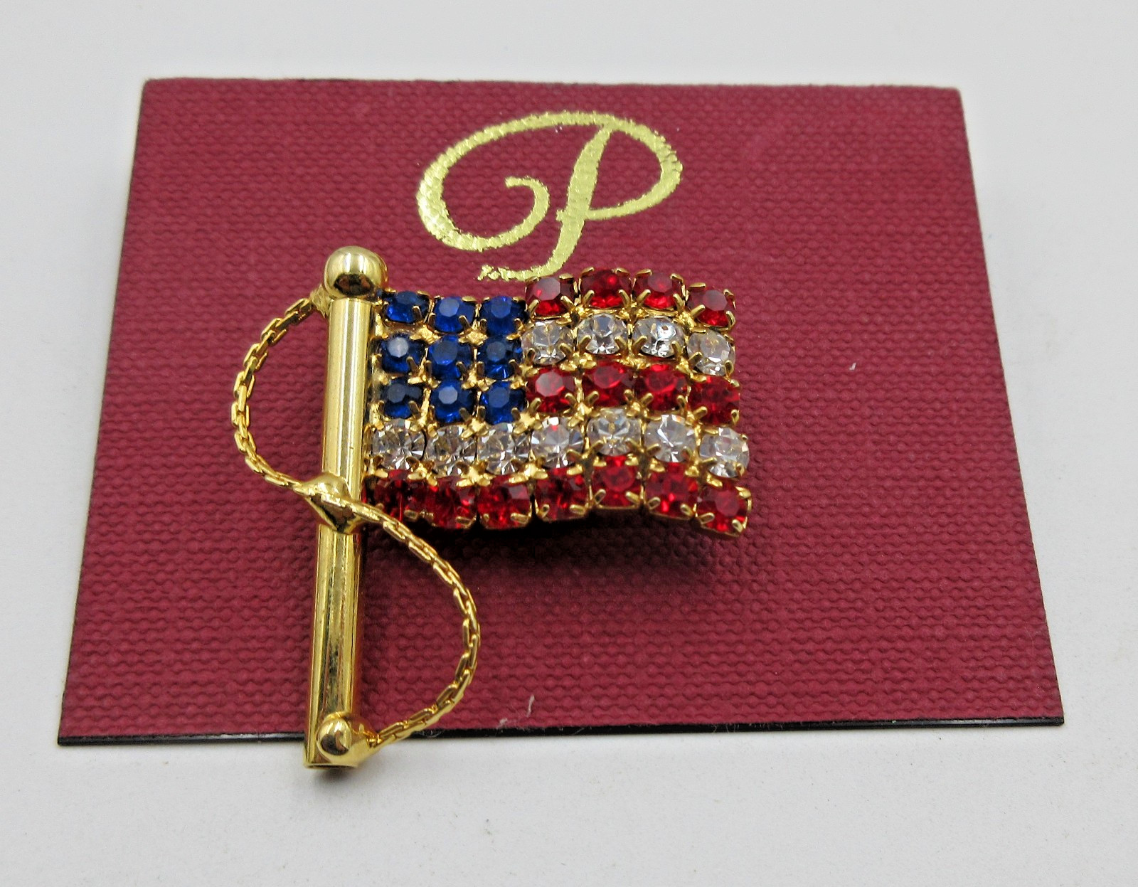 NEW VTG US AMERICA FLAG Pole RHINESTONE Brooch Pin clear white red blu gold tone