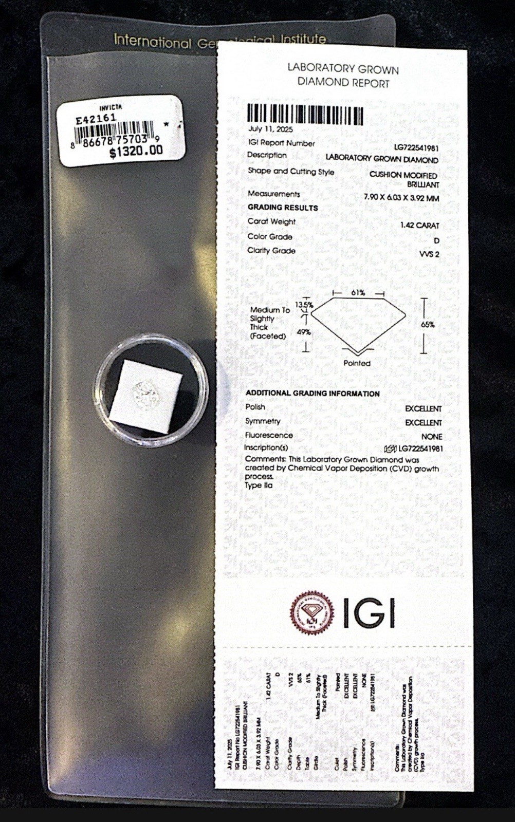 Lab-Created Diamond 1.42ct D VVS2 Cushion, Excellent Cut, IGI Cert, 7.90×6.03mm