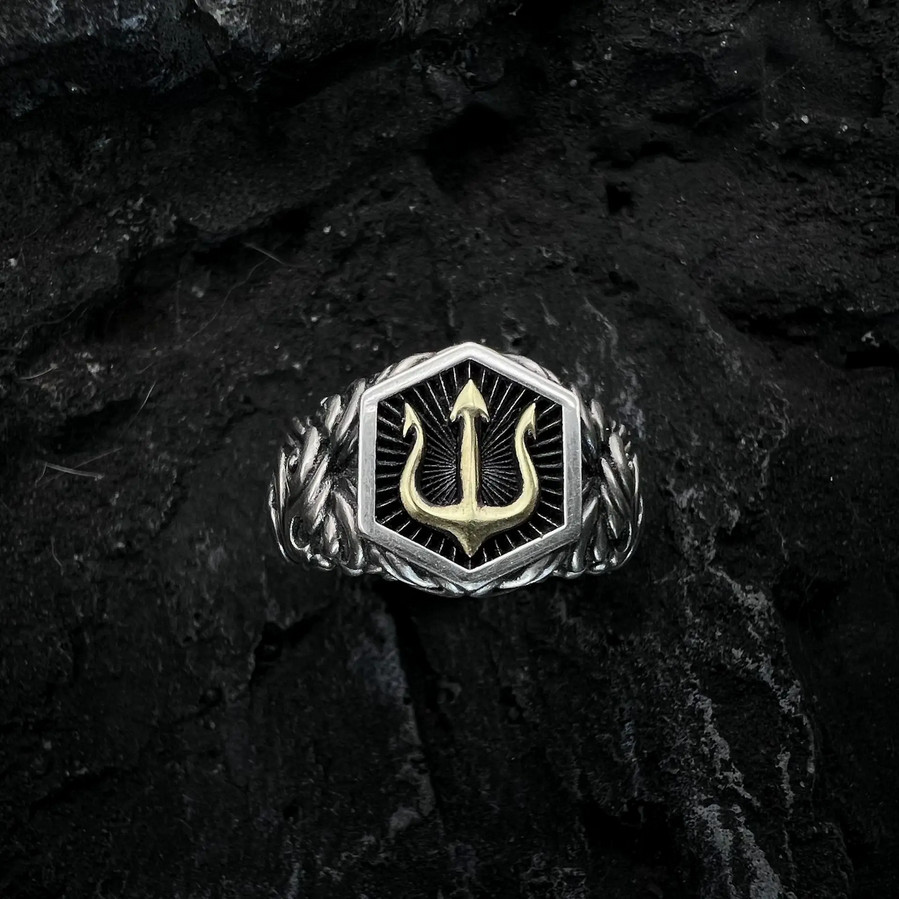 Trident Open Ring Ukraine Poseidon Aquaman Jewelry 2-Tone Adjustable Resizable