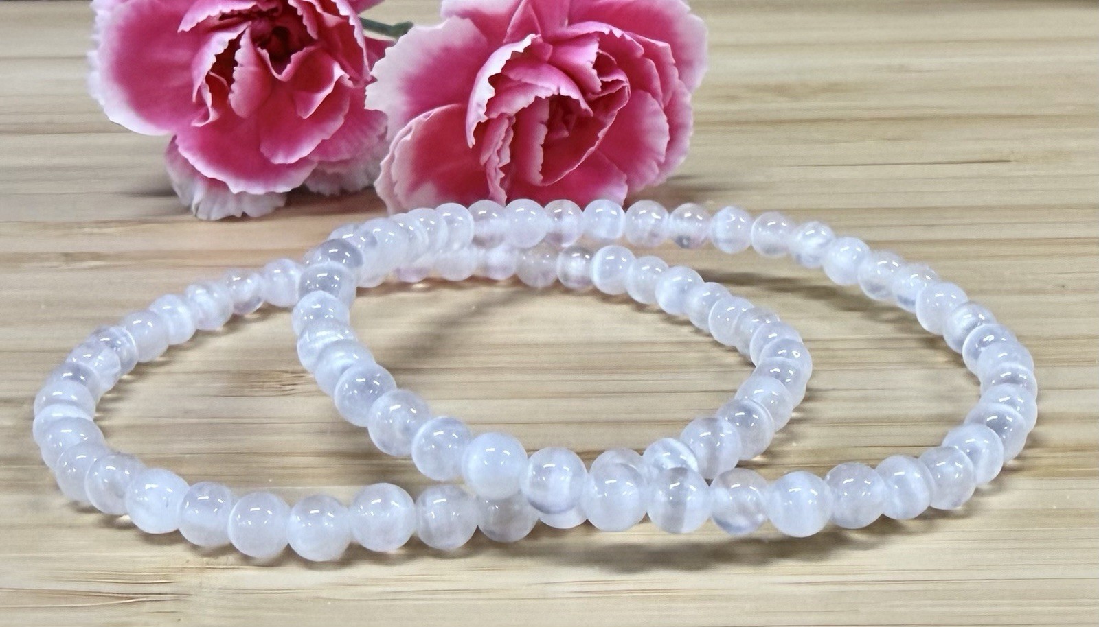 Wholesale 6 Pcs Natural Selenite (Satin Spar) 4mm Crystal Stretch Bracelet 7.5″